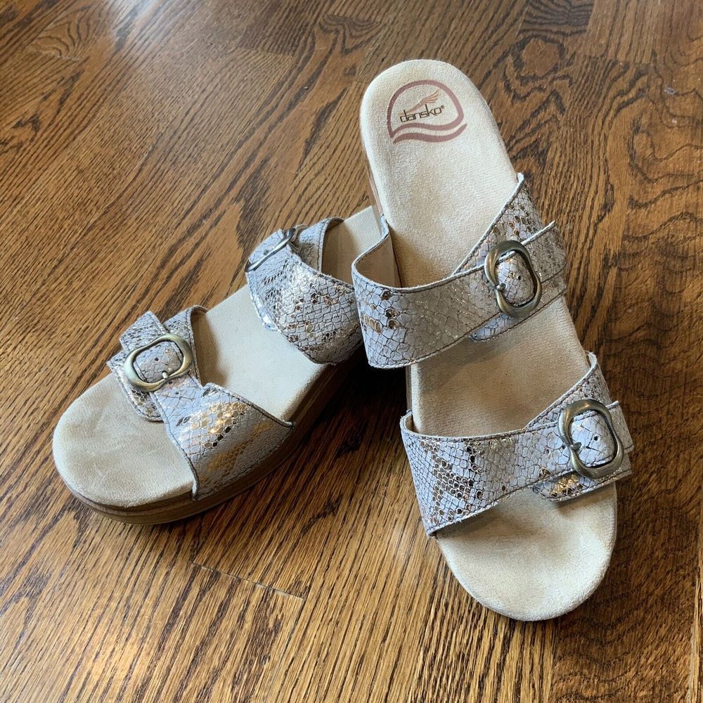 Dansko Sophie Sandals Women's EU 42‎ US 11-11.5 Two Straps Snakeskin Silver Gold